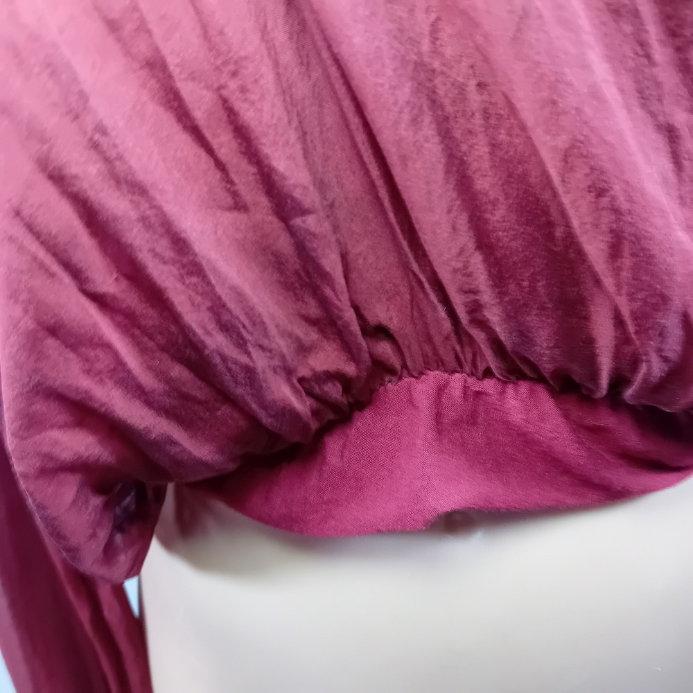 Y2K Femme Silk Blouson Hem Flowy Whimsigoth Burgundy Rose Blouse Sheer Sleeves M - Picture 10 of 16